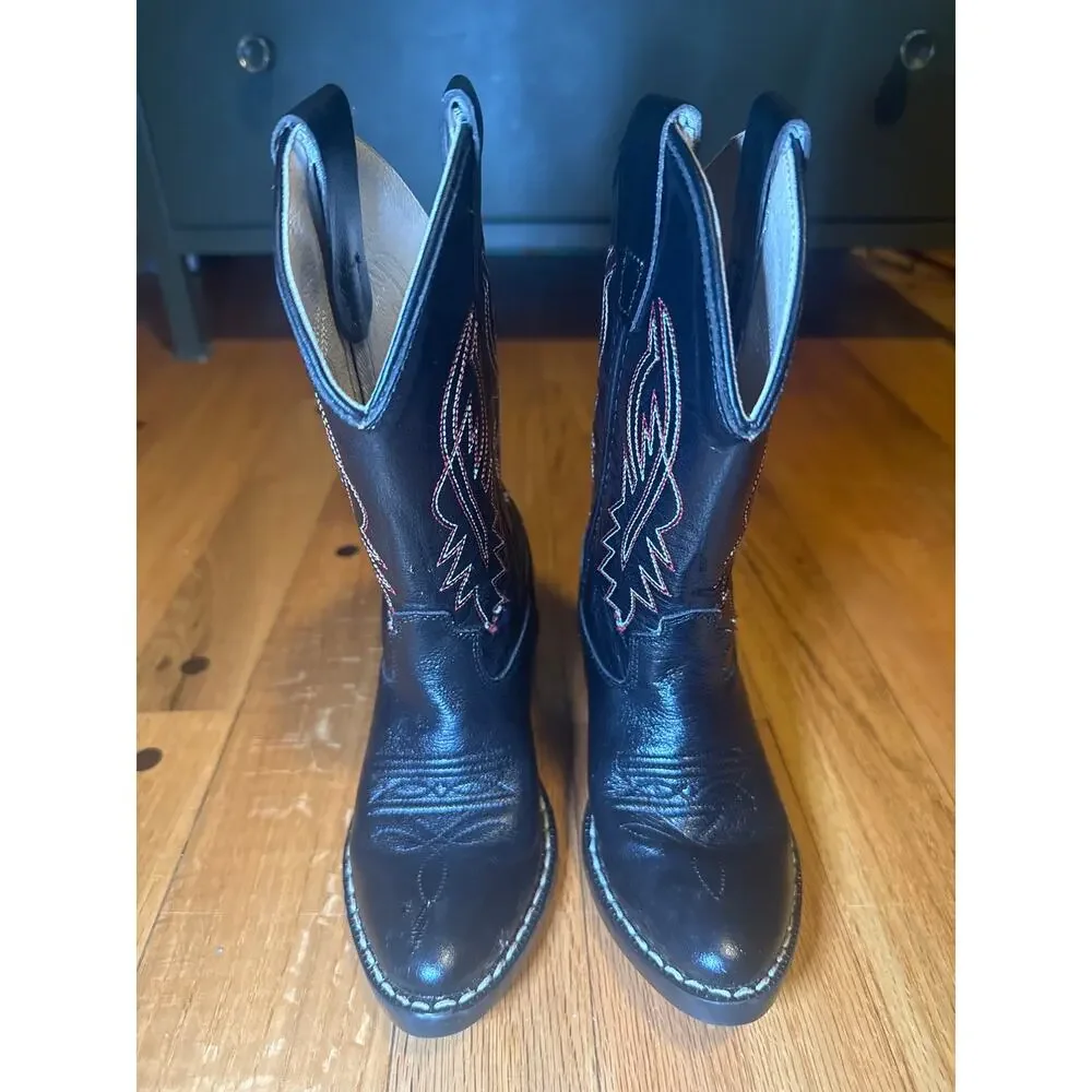 Old West 8110 Kids Sz 12 Black Leather Cowboy Western Boots Embroidered